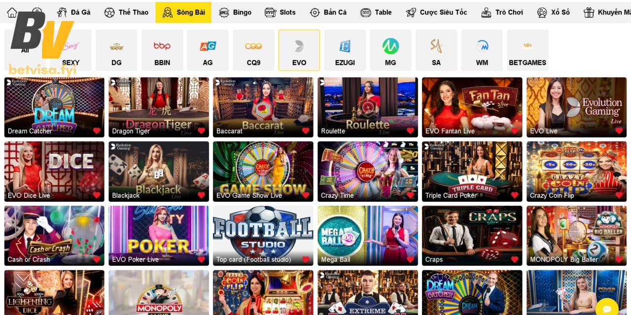 Sảnh Casino EVO cập nhật hàng loại trò chơi đa dạng